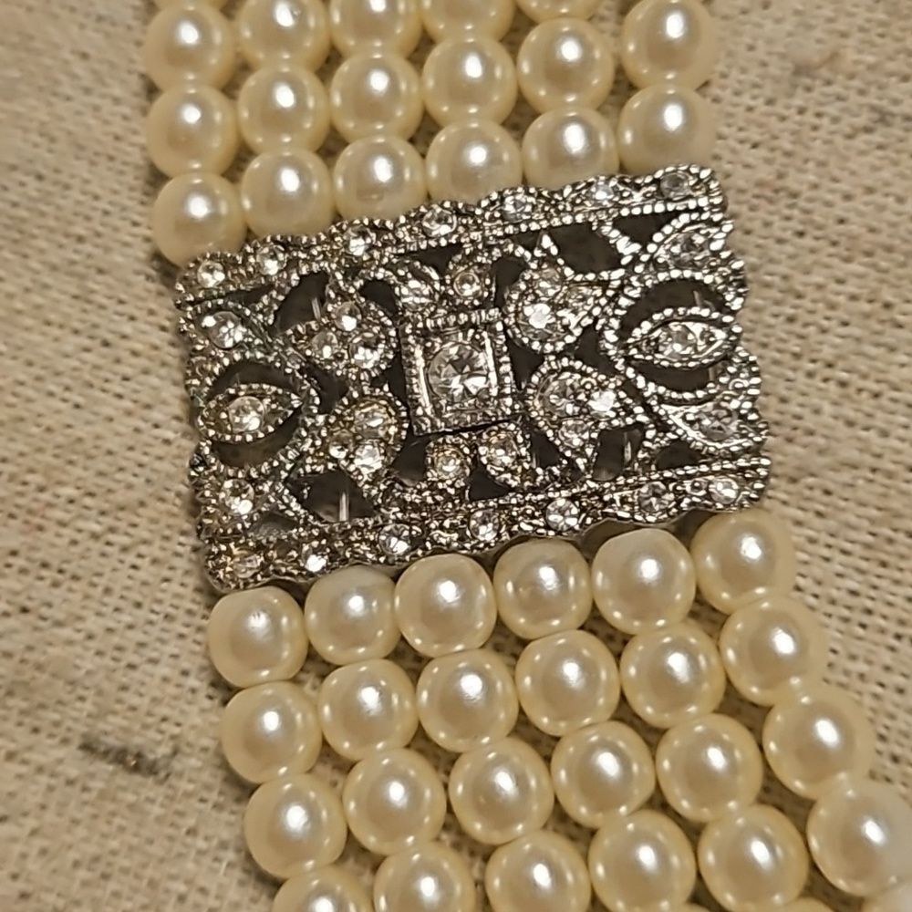 Vintage Eduardian Style Multistrand Faux Pearl Diamond Choker Necklace - Picture 7 of 11